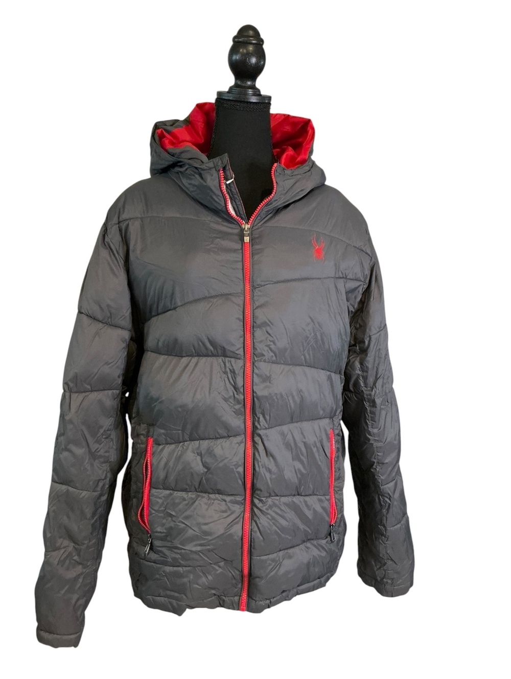 Spyder Men's Puffer Jacket with Hood in Gray and Red